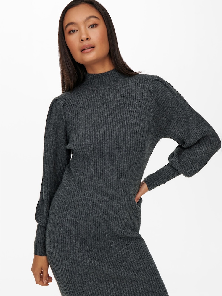 ONLY Grey Puff Sleeve Knitted Jumper Dress - Image 4 of 4