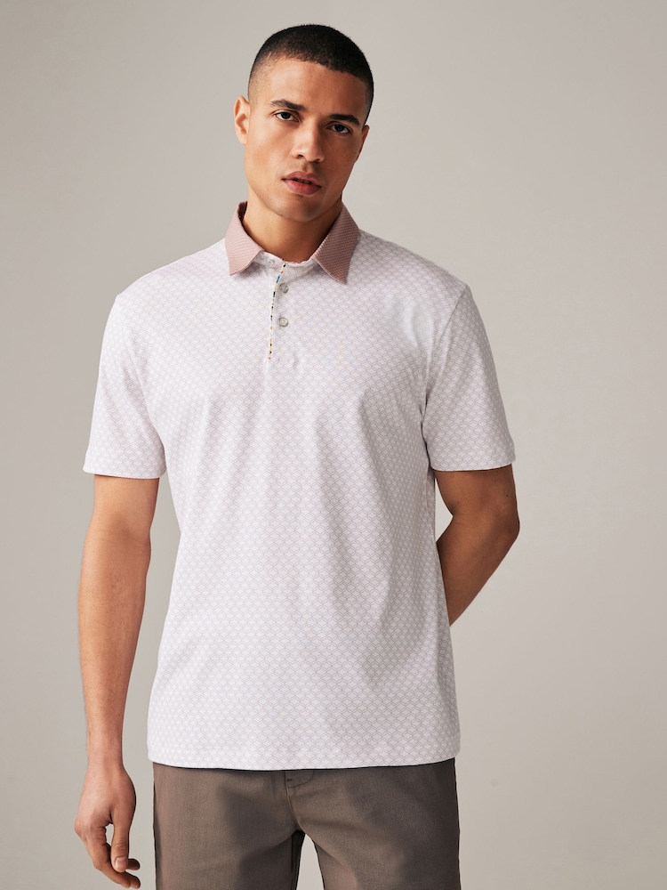 Pink Geo Print 100% Cotton Short Sleeve Smart Collar Polo Shirt - Image 2 of 9