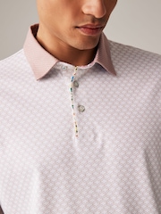 Pink Geo Print 100% Cotton Short Sleeve Smart Collar Polo Shirt - Image 6 of 9