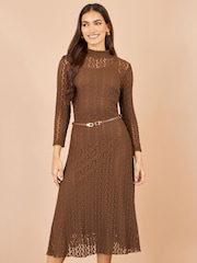 Yumi Brown High Neck Lace Midi Dress - Image 1 of 5