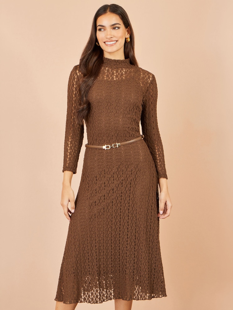 Yumi Brown High Neck Lace Midi Dress - Image 1 of 5 Yumi Brown High Neck Lace Midi Dress - Image 1 of 5