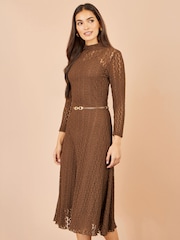 Yumi Brown High Neck Lace Midi Dress - Image 2 of 5