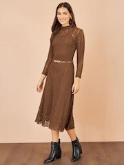 Yumi Brown High Neck Lace Midi Dress - Image 3 of 5