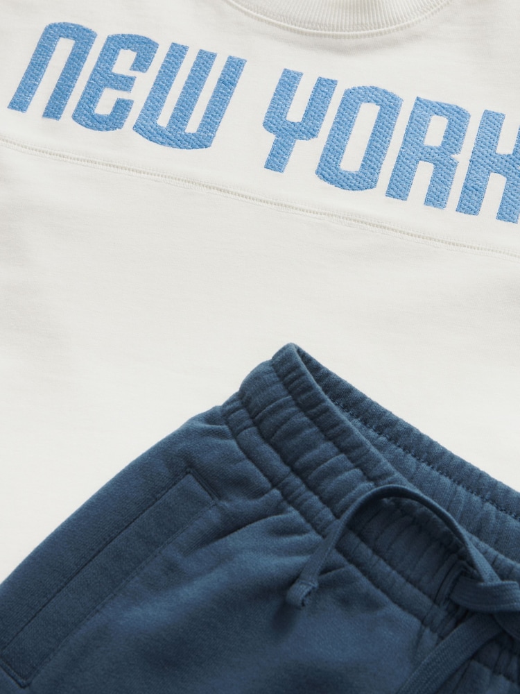Ecru/Navy Relaxed Fit Varsity Short Sleeve 100% Cotton T-Shirt and Jogger Set (3-16yrs) - Image 3 of 3