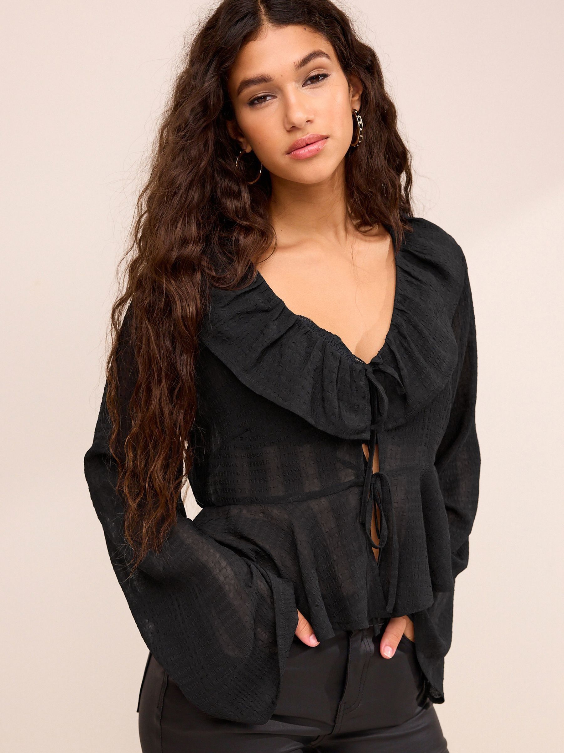 Black ruffle sleeve blouse top