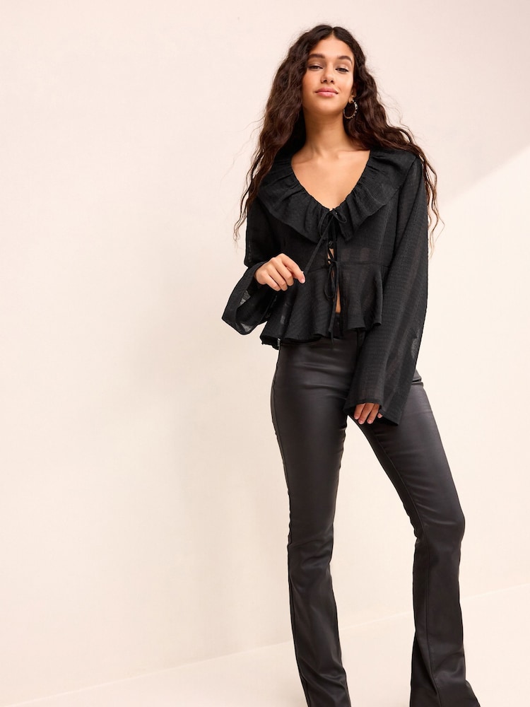 Black Tie Front Ruffle Long Sleeve Blouse - Image 2 of 6 Black Tie Front Ruffle Long Sleeve Blouse - Image 2 of 6