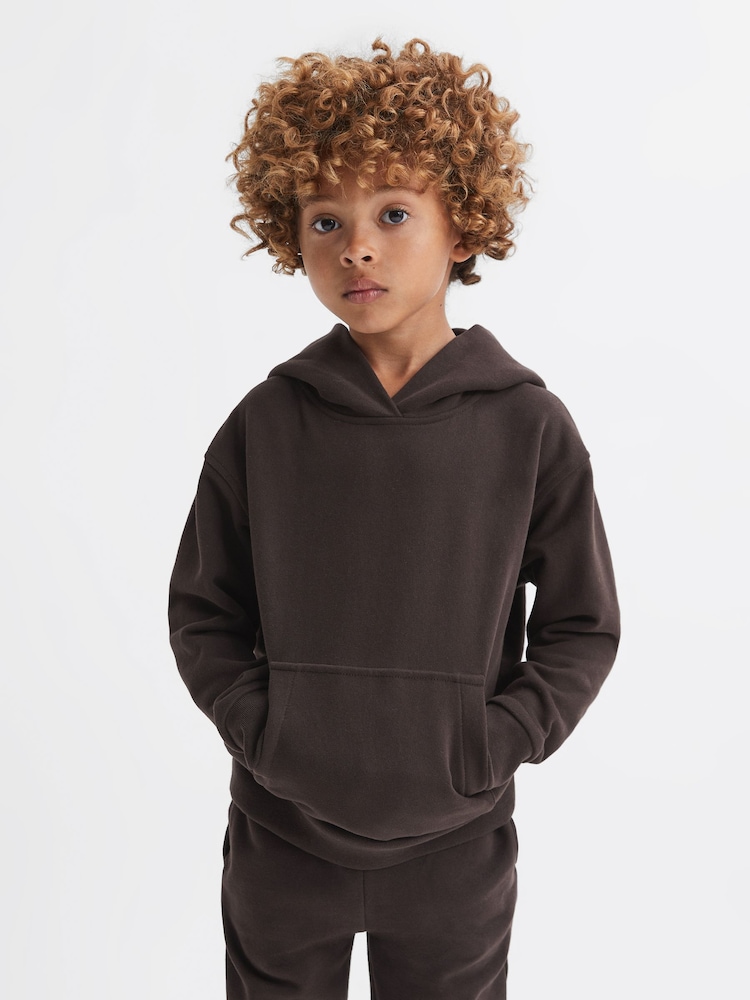 Reiss Chocolate Alexander Senior Oversized Cotton Jersey Hoodie - Image 1 of 6