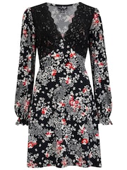 Pour Moi Black Multi Anya Fuller Bust Lace Detail Slinky Jersey Long Sleeve Tea Dress - Image 3 of 4