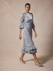 Mint Velvet Silver Metallic Ruffle Midi Dress - Image 1 of 8