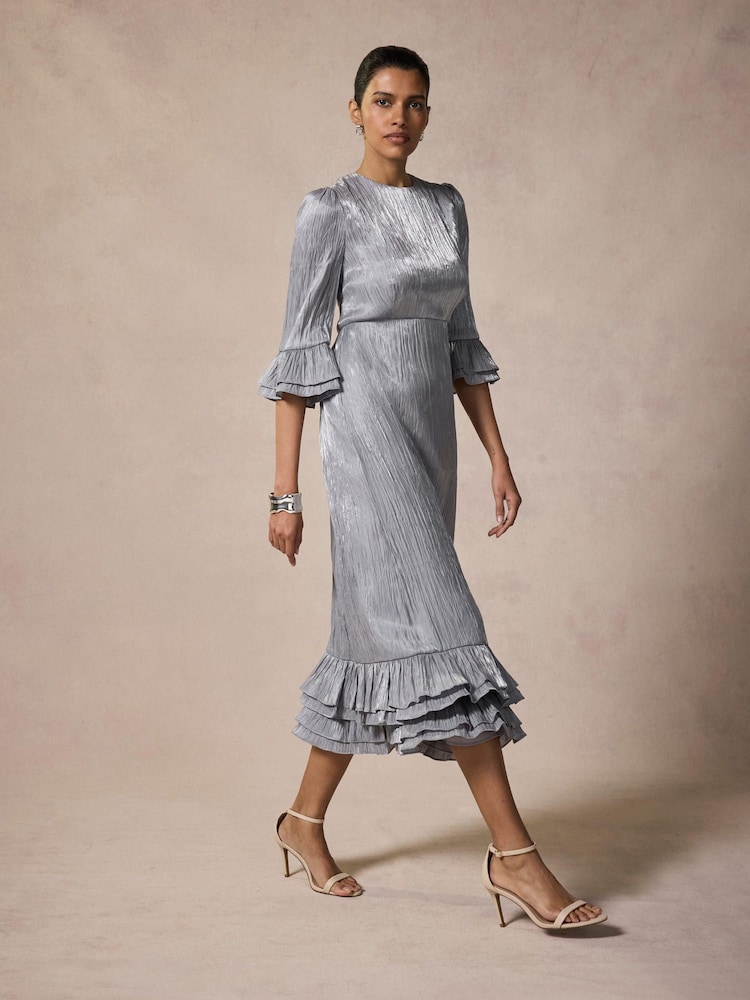 Mint Velvet Silver Metallic Ruffle Midi Dress - Image 1 of 8 Mint Velvet Silver Metallic Ruffle Midi Dress - Image 1 of 8