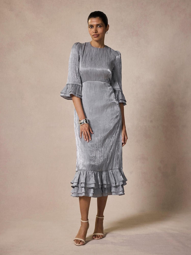 Mint Velvet Silver Metallic Ruffle Midi Dress - Image 2 of 8 Mint Velvet Silver Metallic Ruffle Midi Dress - Image 2 of 8