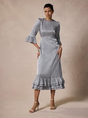 Mint Velvet Silver Metallic Ruffle Midi Dress - Image 4 of 8
