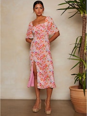Chi Chi London Pink Multi Short Sleeve Square Neck Floral Midi Dress - Image 1 of 4