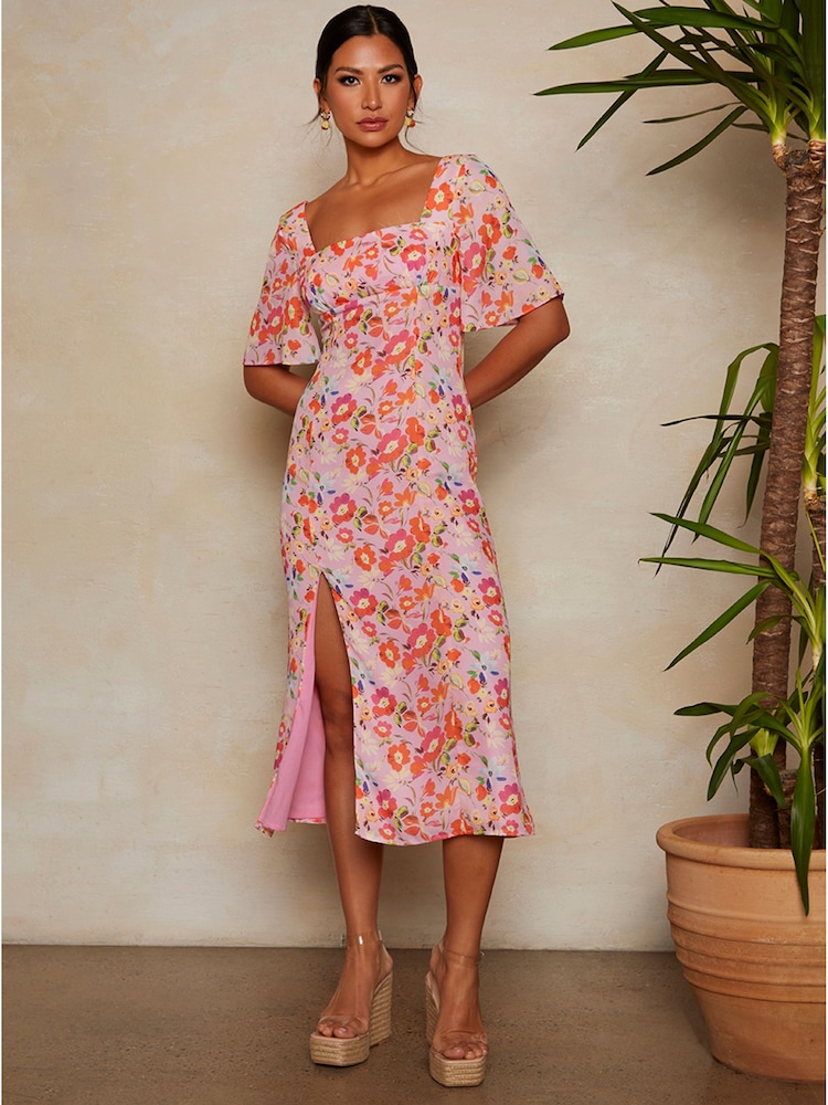 Chi Chi London Pink Multi Short Sleeve Square Neck Floral Midi Dress - Image 1 of 4