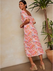 Chi Chi London Pink Multi Short Sleeve Square Neck Floral Midi Dress - Image 2 of 4