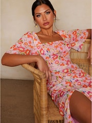Chi Chi London Pink Multi Short Sleeve Square Neck Floral Midi Dress - Image 3 of 4