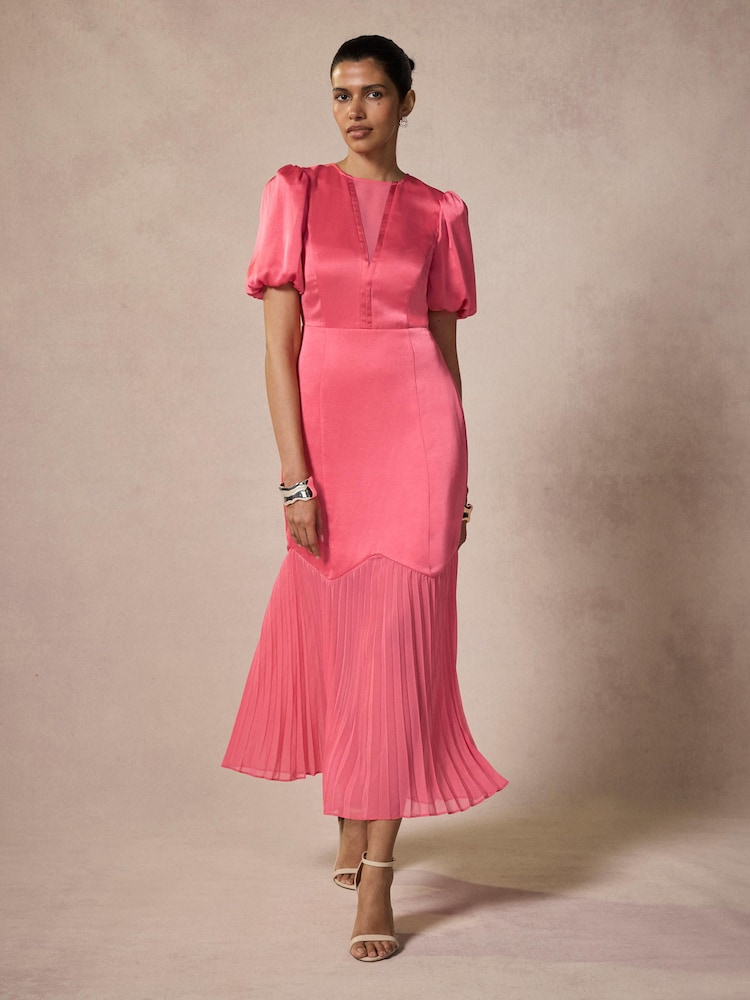 Mint Velvet Pink Satin Pleated Midi Dress - Image 1 of 8