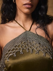 Mint Velvet Green Satin Crochet Trim Midi Dress - Image 5 of 8