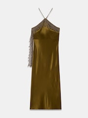 Mint Velvet Green Satin Crochet Trim Midi Dress - Image 7 of 8