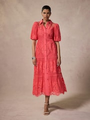 Mint Velvet Pink Lace Midi Shirt Dress - Image 1 of 8