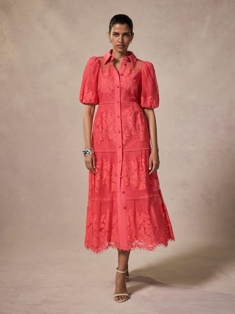 Mint Velvet Pink Lace Midi Shirt Dress - Image 1 of 8