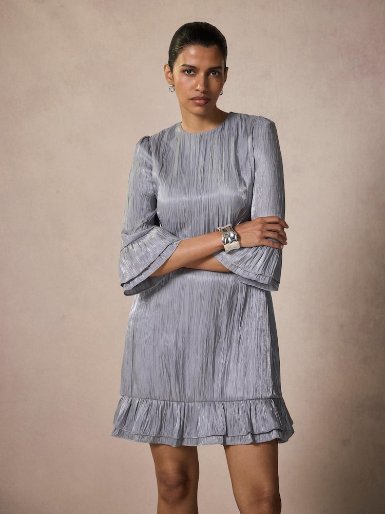 Mint Velvet Silver Metallic Ruffle Detail Mini Dress - Image 1 of 8 Mint Velvet Silver Metallic Ruffle Detail Mini Dress - Image 1 of 8