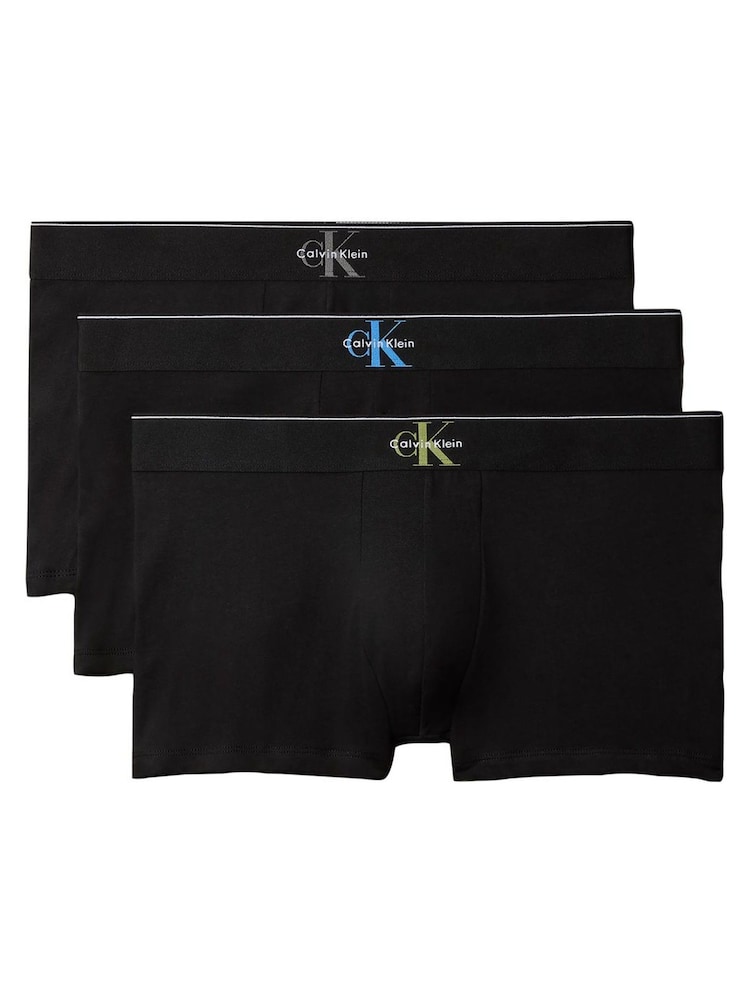 Calvin Klein Grey Graphic Monogram Cotton Stretch Trunks 3 Pack - Image 1 of 6 Calvin Klein Grey Graphic Monogram Cotton Stretch Trunks 3 Pack - Image 1 of 6