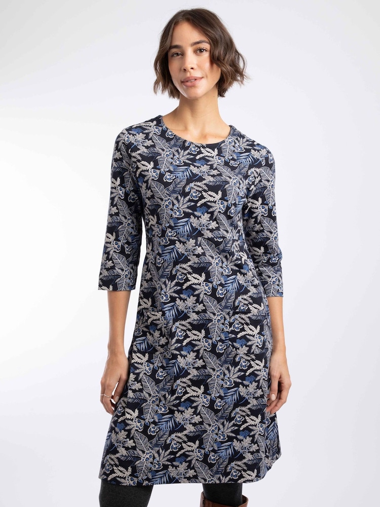 Weird Fish Dark Blue Starshine Cotton Printed Jersey Dress - Image 1 of 7