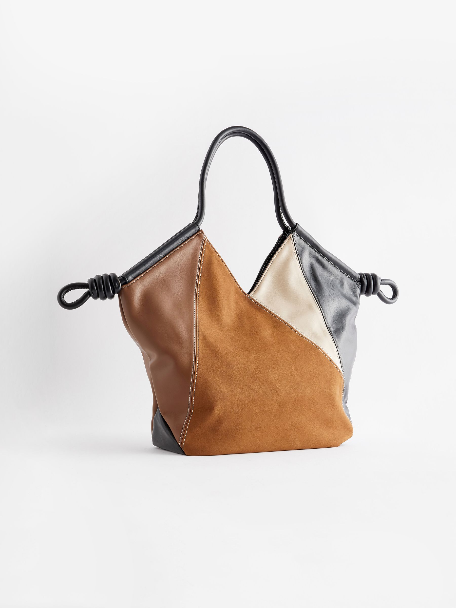 Tan Brown Patchwork Tubular Shoulder Bag - Image 4 of 9