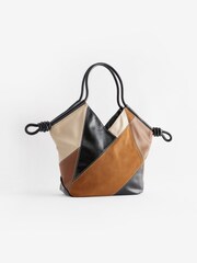 Tan Brown Patchwork Tubular Shoulder Bag - Image 5 of 9