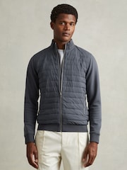 Reiss Airforce Blue Flintoff Hybrid Quilt and Knit Zip-Through Jacket - Image 1 of 5
