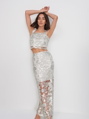 Silver Lace Sequin Midi Co-ord Skirt - Image 1 of 6