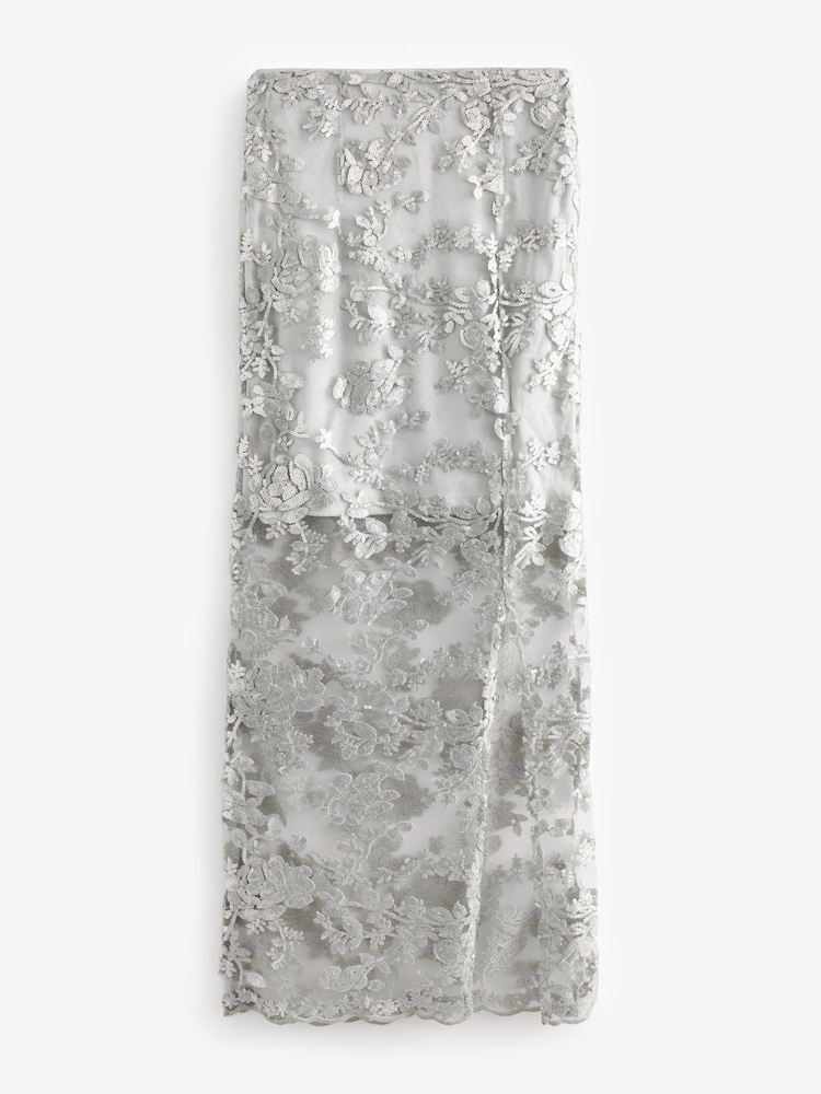 Silver Lace Sequin Midi Co-ord Skirt - Image 2 of 6