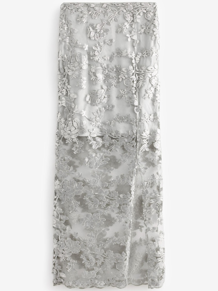 Silver Lace Sequin Midi Co-ord Skirt - Image 5 of 6