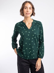 Weird Fish Green Brooke Printed V-Neck Jersey Top - Image 1 of 7