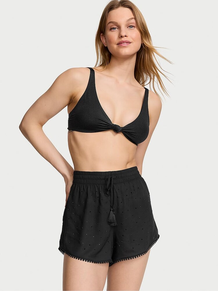 Victoria's Secret Black Diamante Linen Cover Up Shorts - Image 1 of 3