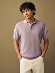 Purple Knitted Bubble Textured Regular Fit Polo Shirt - Image 3 of 7