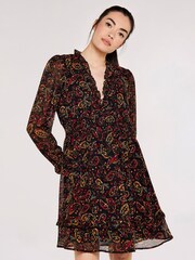 Apricot Burgundy Red & Black Painterly Paisley Smock Frill Dress - Image 1 of 4