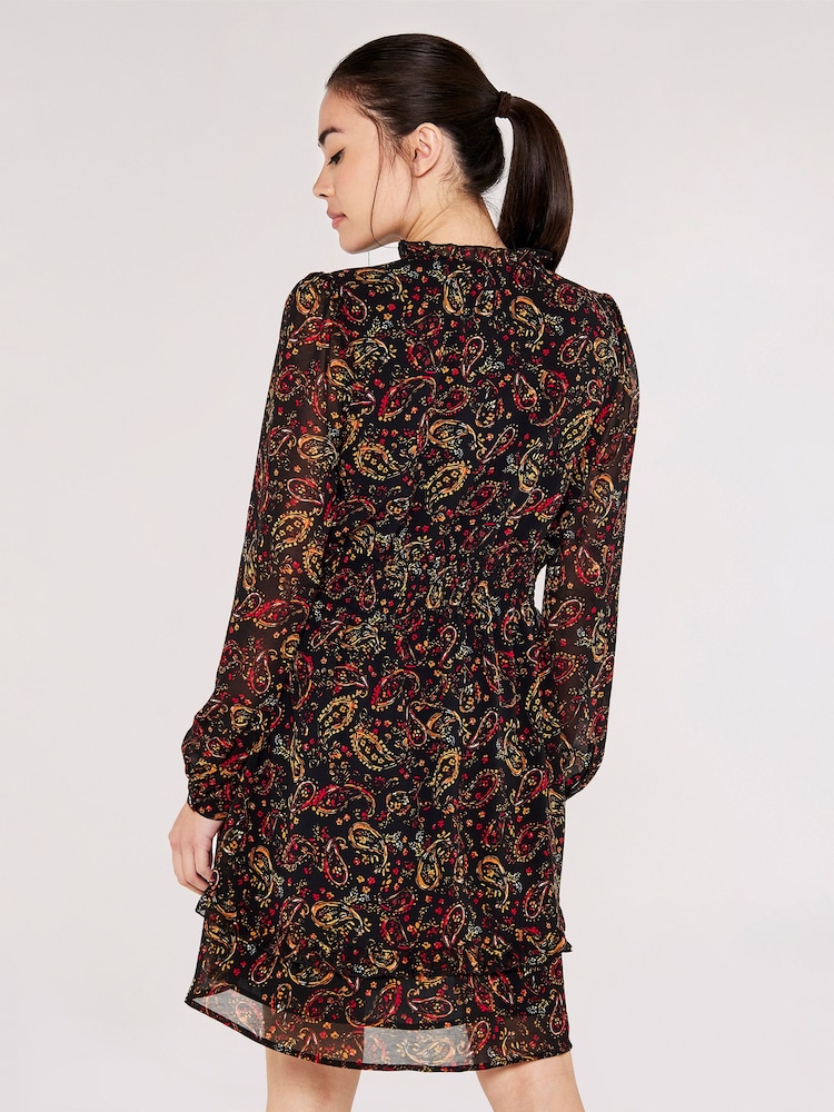 Apricot Burgundy Red & Black Painterly Paisley Smock Frill Dress - Image 2 of 4
