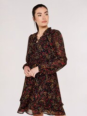 Apricot Burgundy Red & Black Painterly Paisley Smock Frill Dress - Image 3 of 4