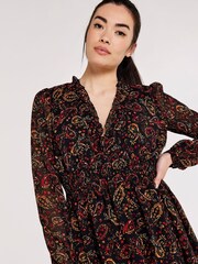 Apricot Burgundy Red & Black Painterly Paisley Smock Frill Dress - Image 4 of 4