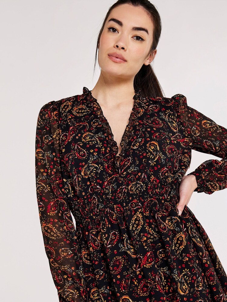 Apricot Burgundy Red & Black Painterly Paisley Smock Frill Dress - Image 4 of 4
