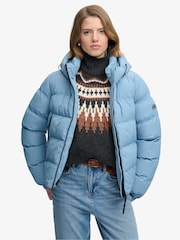 Superdry Blue Hoodie Sports Puffer Jacket - Image 1 of 8