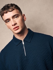 Navy Blue Relaxed Fit Zip Neck Polo Shirt - Image 1 of 8