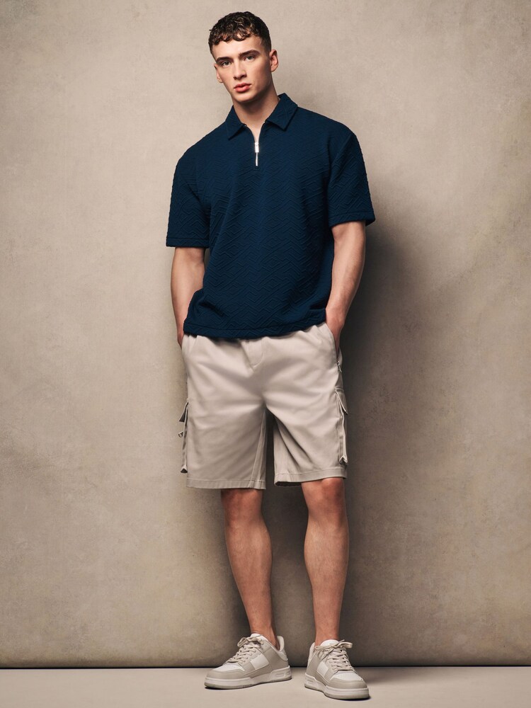 Navy Blue Relaxed Fit Zip Neck Polo Shirt - Image 2 of 8 Navy Blue Relaxed Fit Zip Neck Polo Shirt - Image 2 of 8