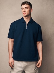 Navy Blue Relaxed Fit Zip Neck Polo Shirt - Image 3 of 8