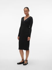 VERO MODA Black Maternity Stretch Comfort Ribbed Wrap Dress - Image 1 of 6