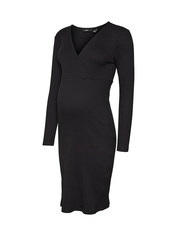 VERO MODA Black Maternity Stretch Comfort Ribbed Wrap Dress - Image 6 of 6
