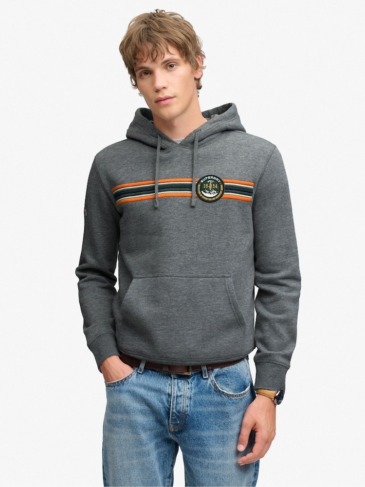 Superdry Grey Outdoors Stripe Logo Hoodie - Image 1 of 6 Superdry Grey Outdoors Stripe Logo Hoodie - Image 1 of 6