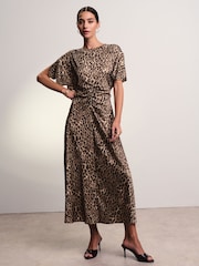 Brown Leopard Animal Print Ruched Satin Crinkle Midi Dress - Image 1 of 6